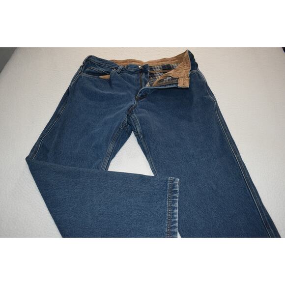 Duluth Trading Co Jeans Mens Size 38 x 30 Straight Fit Blue Inside Flannel Plaid - Picture 1 of 7